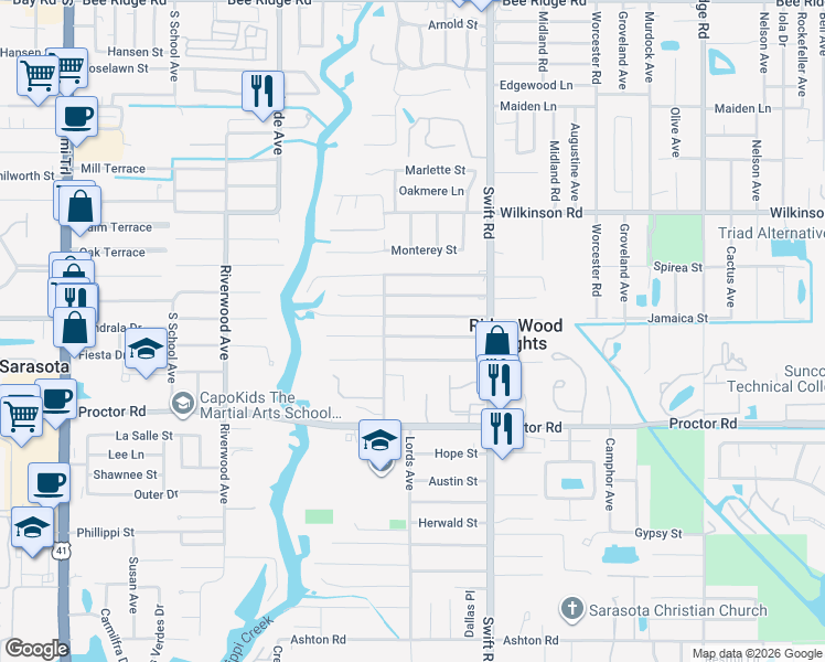 map of restaurants, bars, coffee shops, grocery stores, and more near 2629 Grand Cayman Street in Sarasota