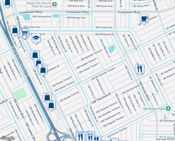 map of restaurants, bars, coffee shops, grocery stores, and more near 237 Southwest Parish Terrace in Port St. Lucie