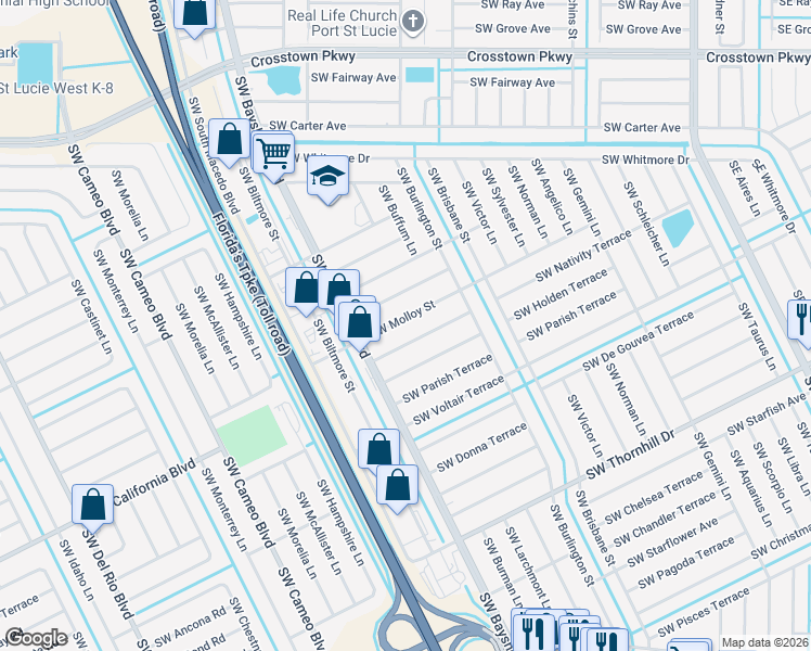 map of restaurants, bars, coffee shops, grocery stores, and more near 449 Southwest Molloy Street in Port St. Lucie