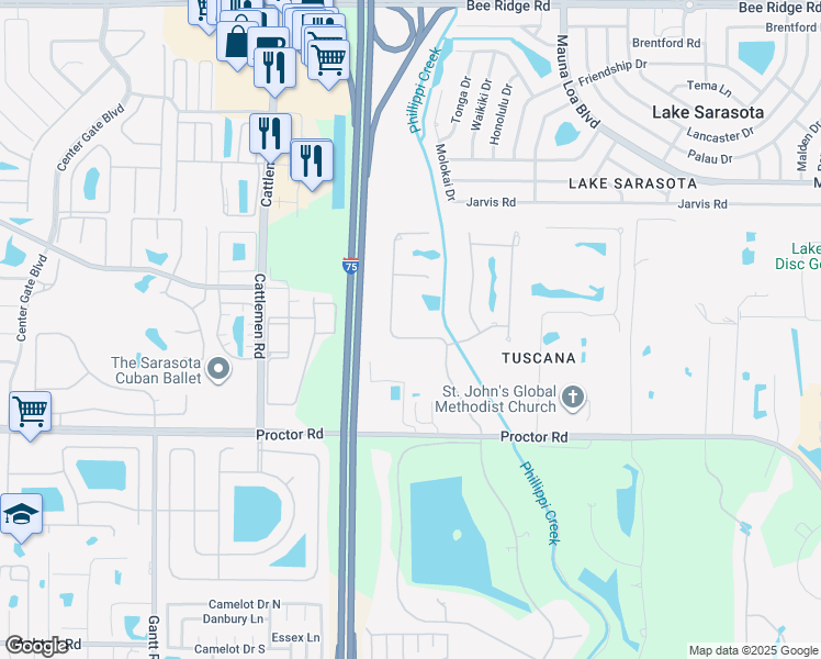 map of restaurants, bars, coffee shops, grocery stores, and more near 4639 Baycedar Lane in Sarasota