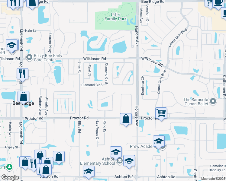 map of restaurants, bars, coffee shops, grocery stores, and more near 5180 Sunnydale Circle West in Sarasota