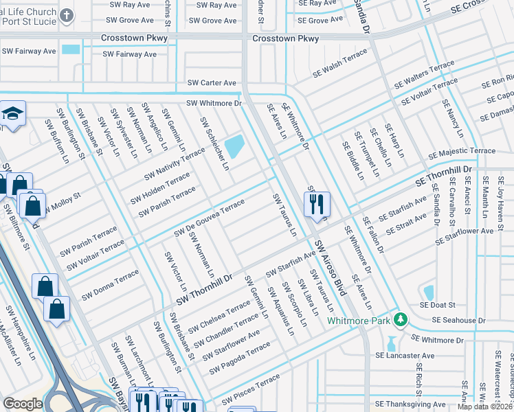 map of restaurants, bars, coffee shops, grocery stores, and more near 120 Southwest De Gouvea Terrace in Port St. Lucie