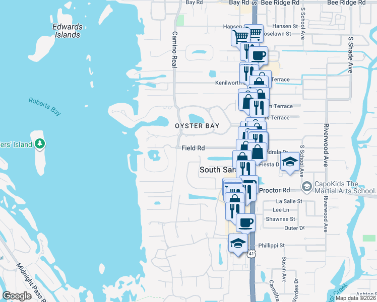map of restaurants, bars, coffee shops, grocery stores, and more near 1523 Field Road in Sarasota