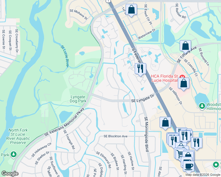 map of restaurants, bars, coffee shops, grocery stores, and more near 1743 Southeast Elkhart Terrace in Port St. Lucie