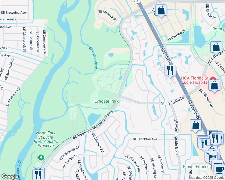 map of restaurants, bars, coffee shops, grocery stores, and more near 1738 Southeast Linpark Court in Port St. Lucie