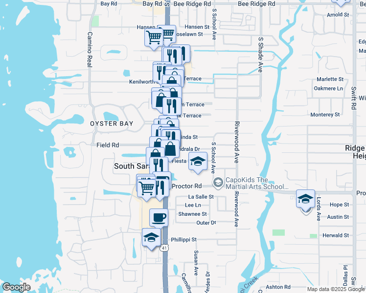 map of restaurants, bars, coffee shops, grocery stores, and more near 2112 Florinda Street in Sarasota