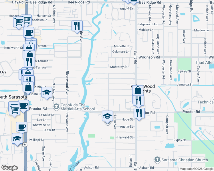 map of restaurants, bars, coffee shops, grocery stores, and more near 4537 Lords Avenue in Sarasota