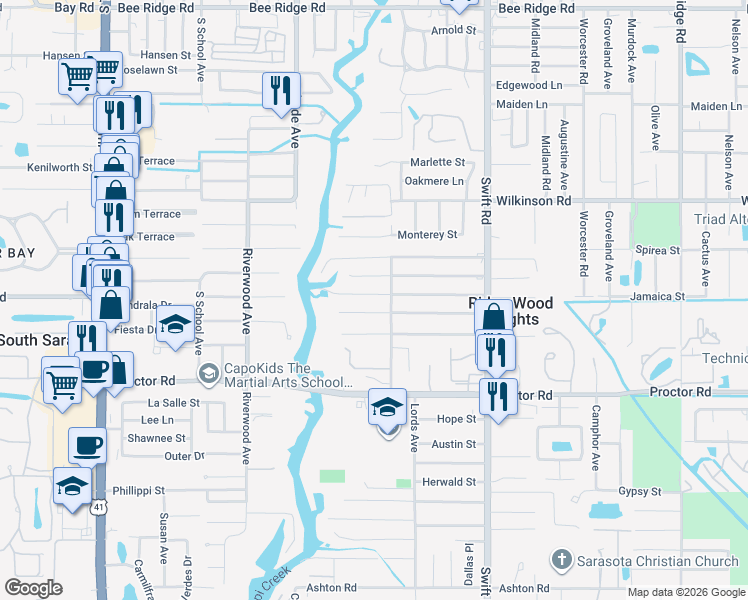 map of restaurants, bars, coffee shops, grocery stores, and more near 2519 Jamaica Street in Sarasota
