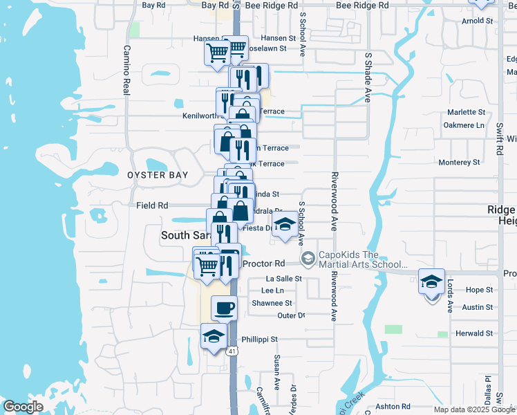 map of restaurants, bars, coffee shops, grocery stores, and more near 2112 Florinda Street in Sarasota
