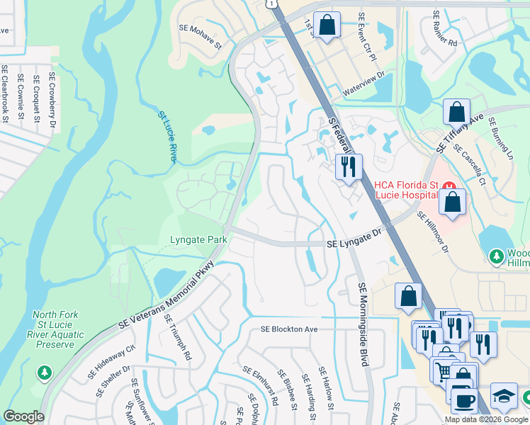 map of restaurants, bars, coffee shops, grocery stores, and more near 1501 Southeast Hearne Court in Port St. Lucie
