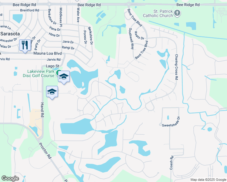 map of restaurants, bars, coffee shops, grocery stores, and more near 4579 Forest Wood Trail in Sarasota