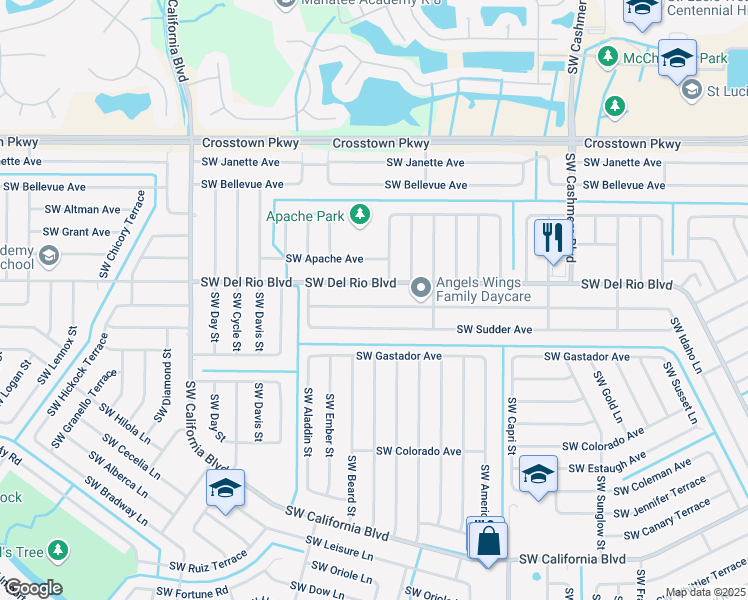map of restaurants, bars, coffee shops, grocery stores, and more near 1444 Southwest Del Rio Boulevard in Port St. Lucie