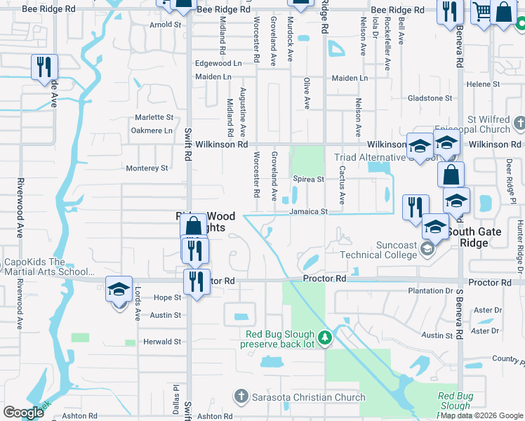 map of restaurants, bars, coffee shops, grocery stores, and more near 3059 Jamaica Street in Sarasota