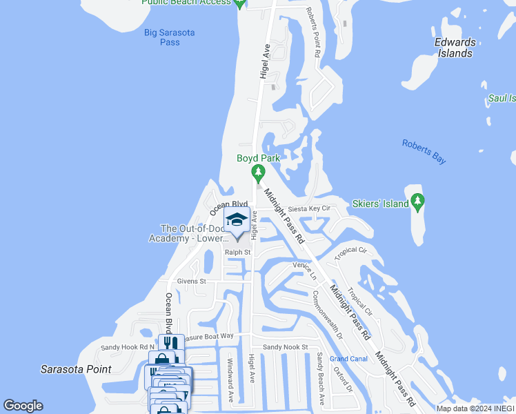 map of restaurants, bars, coffee shops, grocery stores, and more near 651 Mangrove Point Road in Siesta Key