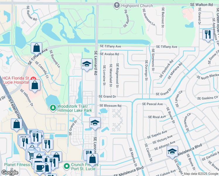 map of restaurants, bars, coffee shops, grocery stores, and more near 1762 Southeast Mansfield Street in Port St. Lucie