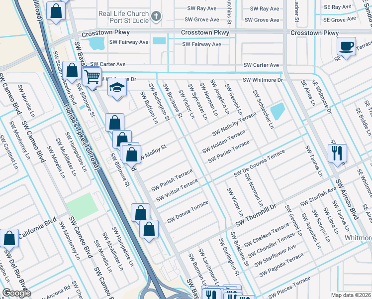 map of restaurants, bars, coffee shops, grocery stores, and more near 1773 Southwest Burlington Street in Port St. Lucie