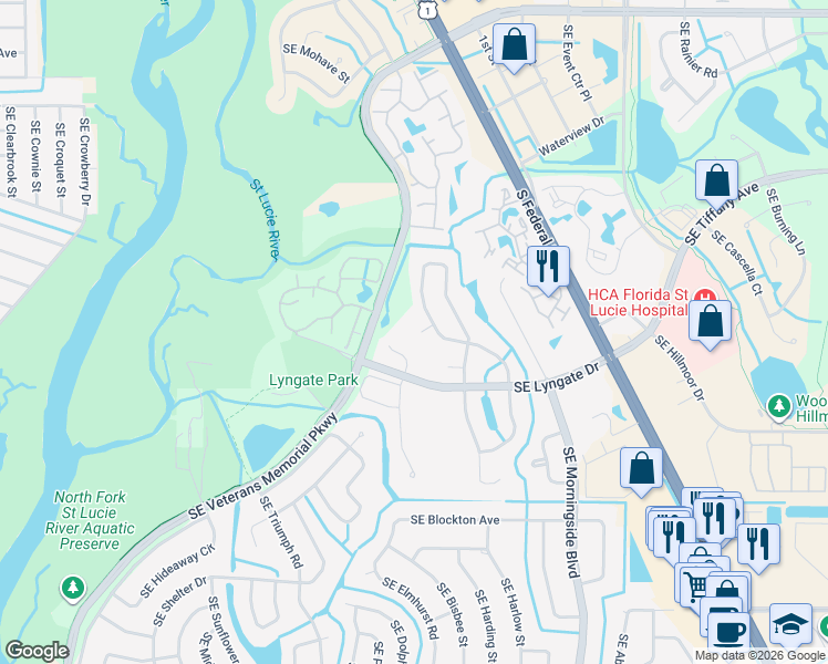 map of restaurants, bars, coffee shops, grocery stores, and more near 1501 Southeast Hearne Court in Port St. Lucie
