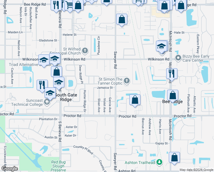 map of restaurants, bars, coffee shops, grocery stores, and more near 3923 Jamaica Street in Sarasota