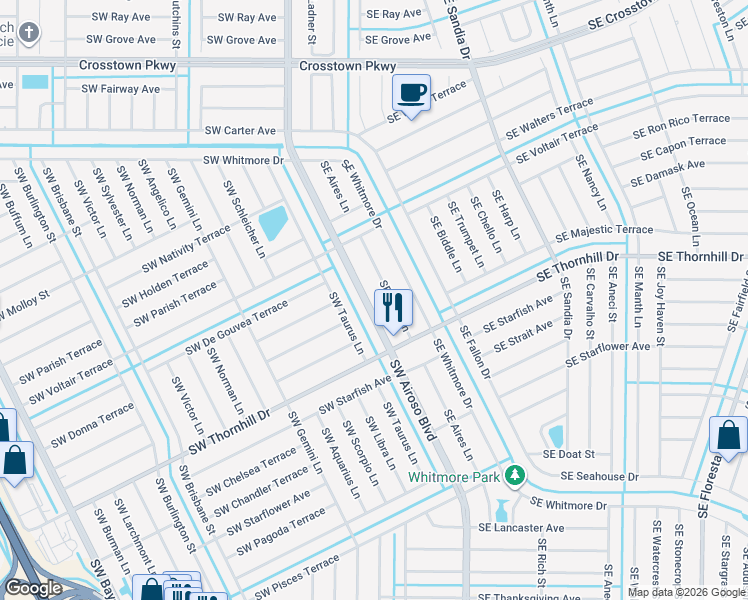 map of restaurants, bars, coffee shops, grocery stores, and more near 1791 Southeast Airoso Boulevard in Port St. Lucie