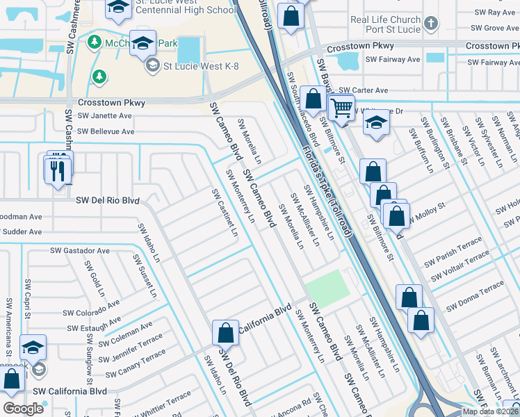 map of restaurants, bars, coffee shops, grocery stores, and more near 1766 Southwest Cameo Boulevard in Port St. Lucie