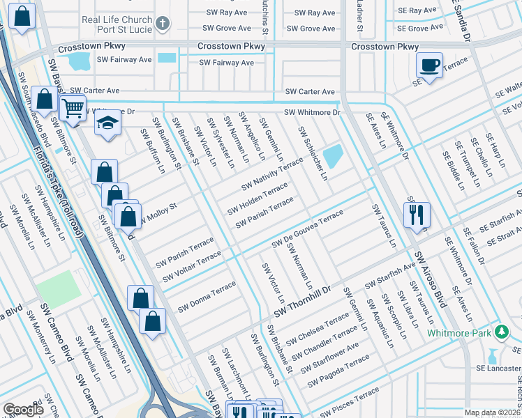 map of restaurants, bars, coffee shops, grocery stores, and more near 237 Southwest Parish Terrace in Port St. Lucie