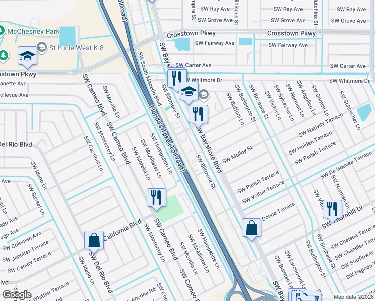 map of restaurants, bars, coffee shops, grocery stores, and more near 1745 Southwest South Macedo Boulevard in Port St. Lucie