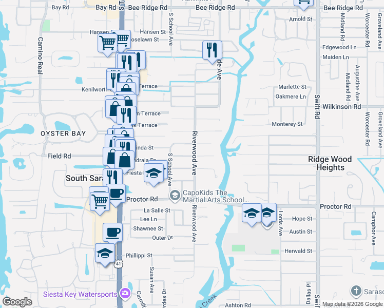 map of restaurants, bars, coffee shops, grocery stores, and more near 2327 Sandrala Drive in Sarasota