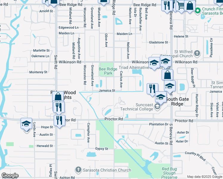 map of restaurants, bars, coffee shops, grocery stores, and more near 4550 South Lockwood Ridge Road in Sarasota