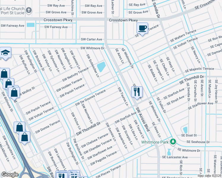 map of restaurants, bars, coffee shops, grocery stores, and more near 120 Southwest De Gouvea Terrace in Port St. Lucie
