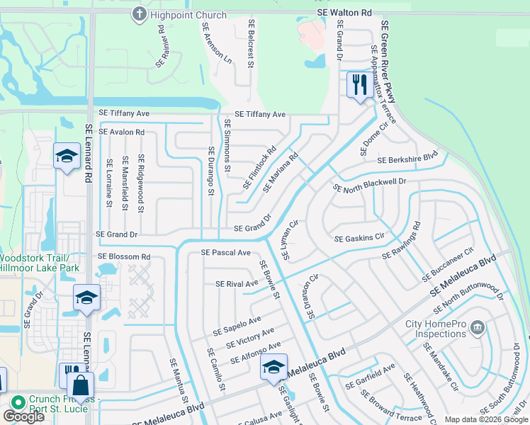 map of restaurants, bars, coffee shops, grocery stores, and more near 2525 Southeast Grand Drive in Port St. Lucie