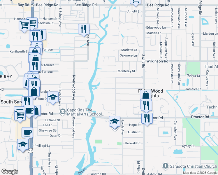 map of restaurants, bars, coffee shops, grocery stores, and more near 2519 Jamaica Street in Sarasota