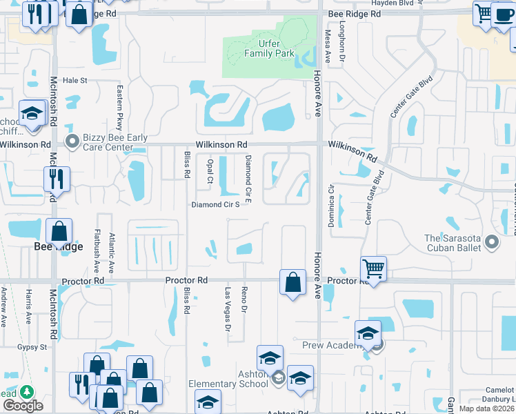 map of restaurants, bars, coffee shops, grocery stores, and more near 5180 Sunnydale Circle West in Sarasota