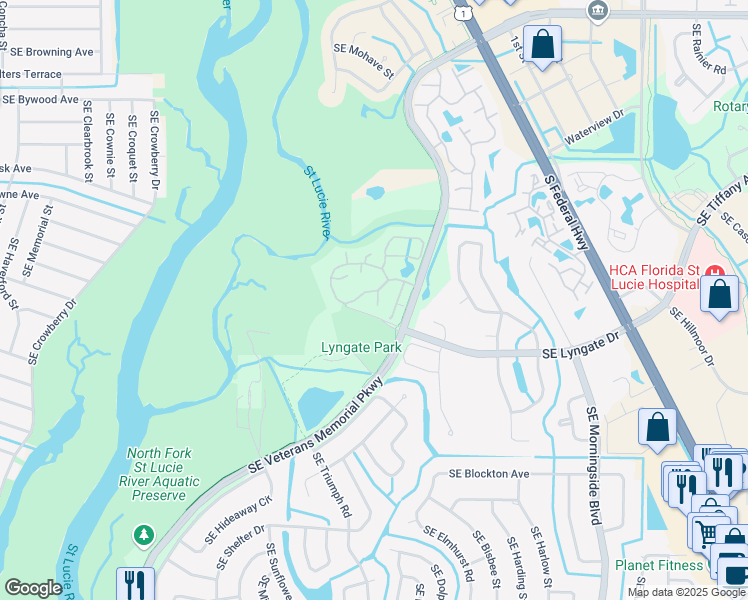 map of restaurants, bars, coffee shops, grocery stores, and more near 1738 Southeast Linpark Court in Port St. Lucie