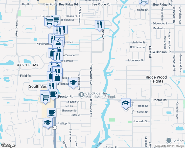 map of restaurants, bars, coffee shops, grocery stores, and more near 2327 Sandrala Drive in Sarasota