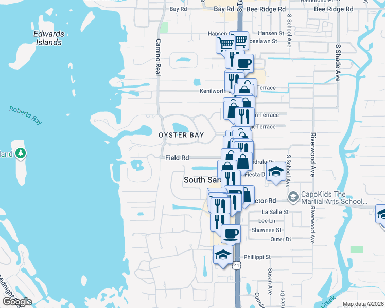 map of restaurants, bars, coffee shops, grocery stores, and more near 1641 Field Road in Sarasota