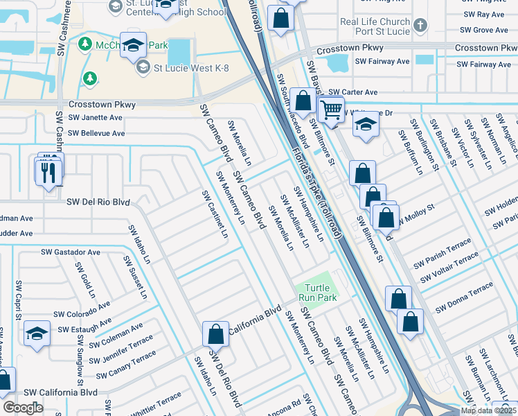 map of restaurants, bars, coffee shops, grocery stores, and more near 1766 Southwest Cameo Boulevard in Port St. Lucie