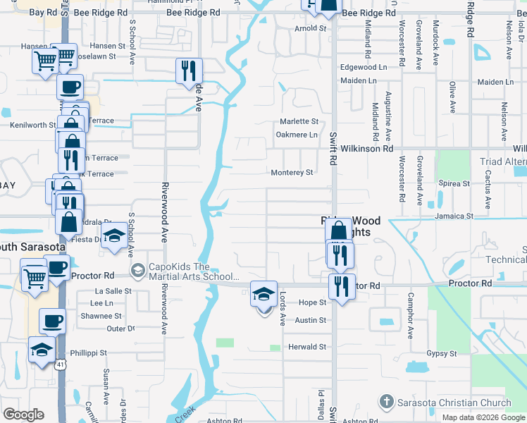 map of restaurants, bars, coffee shops, grocery stores, and more near 4537 Lords Avenue in Sarasota