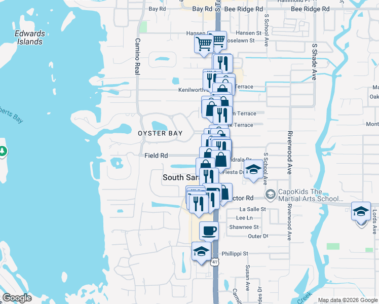 map of restaurants, bars, coffee shops, grocery stores, and more near 1801 Field Road in Sarasota