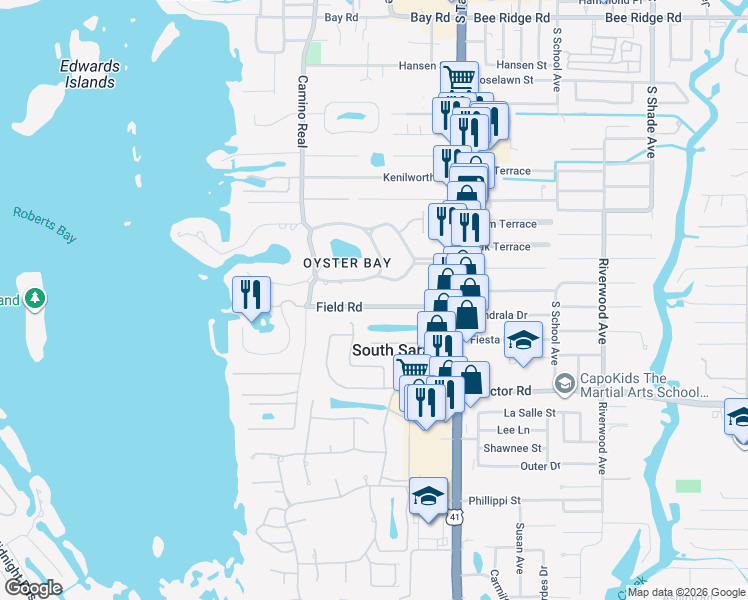 map of restaurants, bars, coffee shops, grocery stores, and more near 1641 Field Road in Sarasota