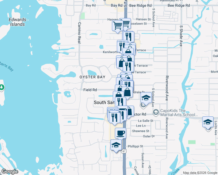 map of restaurants, bars, coffee shops, grocery stores, and more near 1801 Field Road in Sarasota