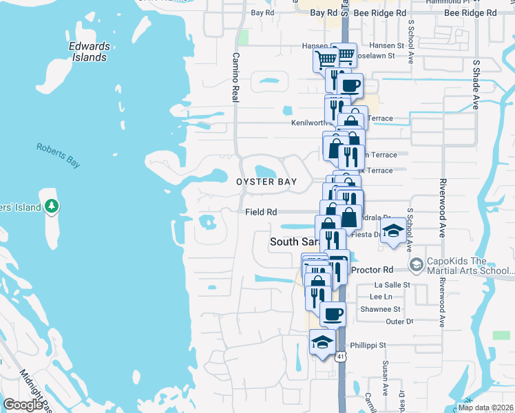 map of restaurants, bars, coffee shops, grocery stores, and more near 1523 Field Road in Sarasota