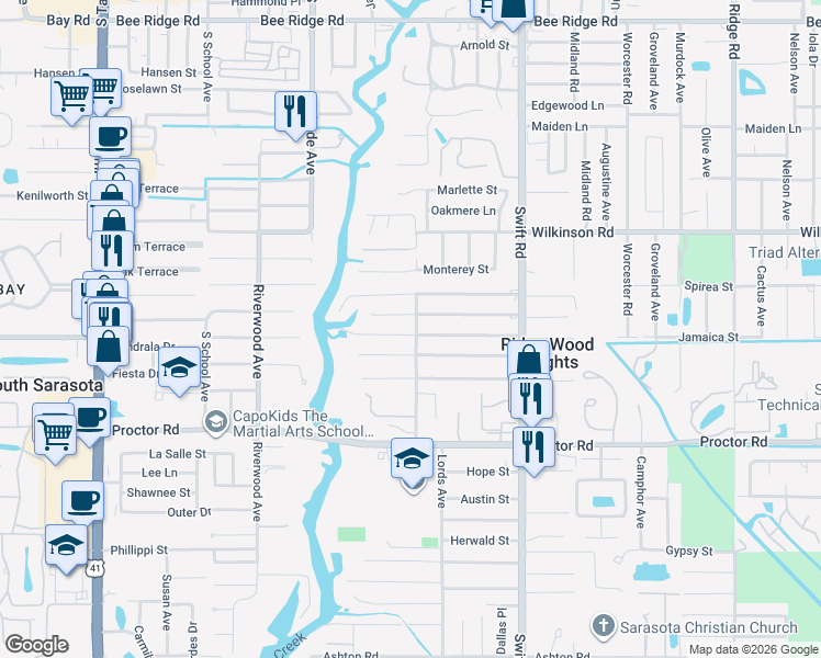 map of restaurants, bars, coffee shops, grocery stores, and more near 4537 Lords Avenue in Sarasota