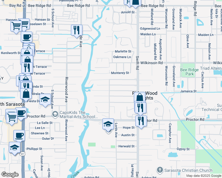 map of restaurants, bars, coffee shops, grocery stores, and more near 4537 Lords Avenue in Sarasota