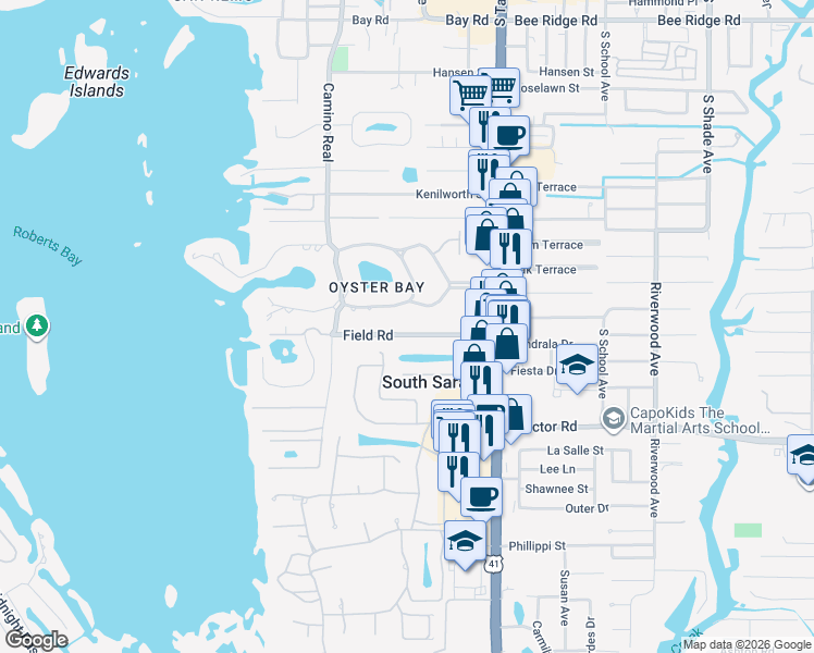 map of restaurants, bars, coffee shops, grocery stores, and more near 1641 Field Road in Sarasota