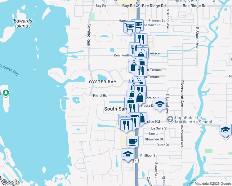 map of restaurants, bars, coffee shops, grocery stores, and more near 1801 Field Road in Sarasota