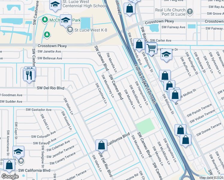 map of restaurants, bars, coffee shops, grocery stores, and more near 1766 Southwest Cameo Boulevard in Port St. Lucie