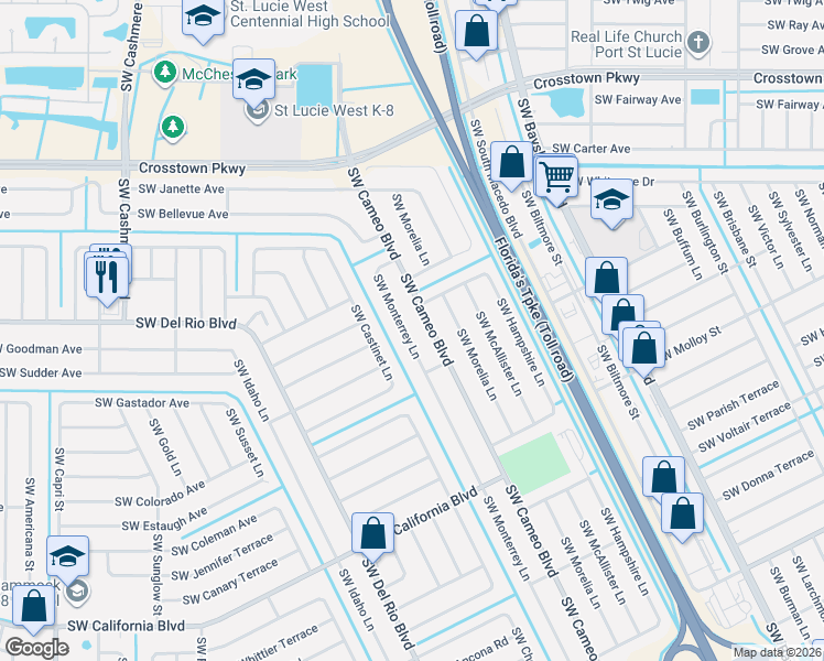 map of restaurants, bars, coffee shops, grocery stores, and more near 1766 Southwest Cameo Boulevard in Port St. Lucie