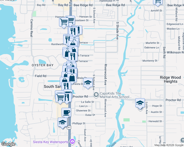 map of restaurants, bars, coffee shops, grocery stores, and more near 2220 Florinda Street in Sarasota