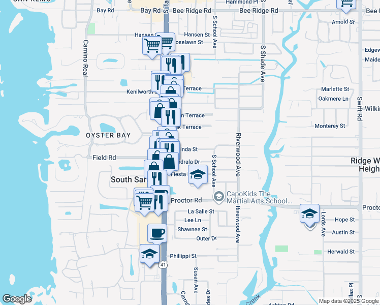 map of restaurants, bars, coffee shops, grocery stores, and more near 2112 Florinda Street in Sarasota