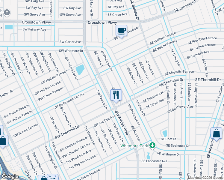 map of restaurants, bars, coffee shops, grocery stores, and more near 1791 Southeast Airoso Boulevard in Port St. Lucie